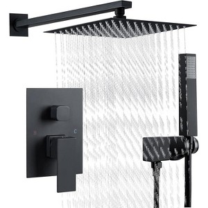 Matte Black Shower Set with rain head and handheld spray. Crafted in anti-rust stainless steel for durable bathroom upgrade. - 1 of 4