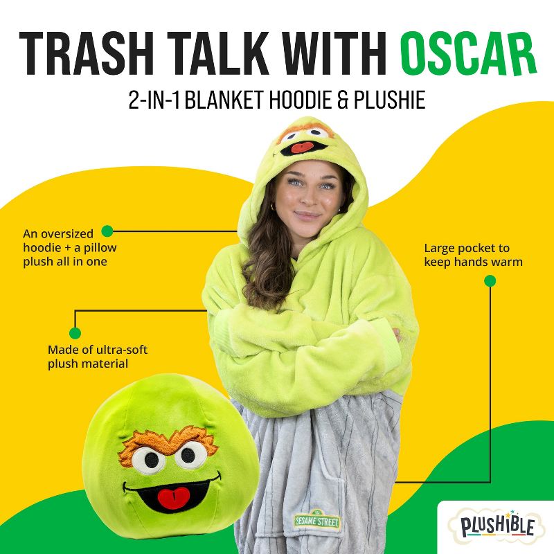 Plushible Sesame Street Oscar the Grouch Adult Snugible Blanket Hoodie & Pillow, 3 of 9