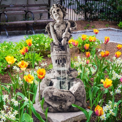 Distressed Stone Cherub Angel Water Fountain with LED Lights