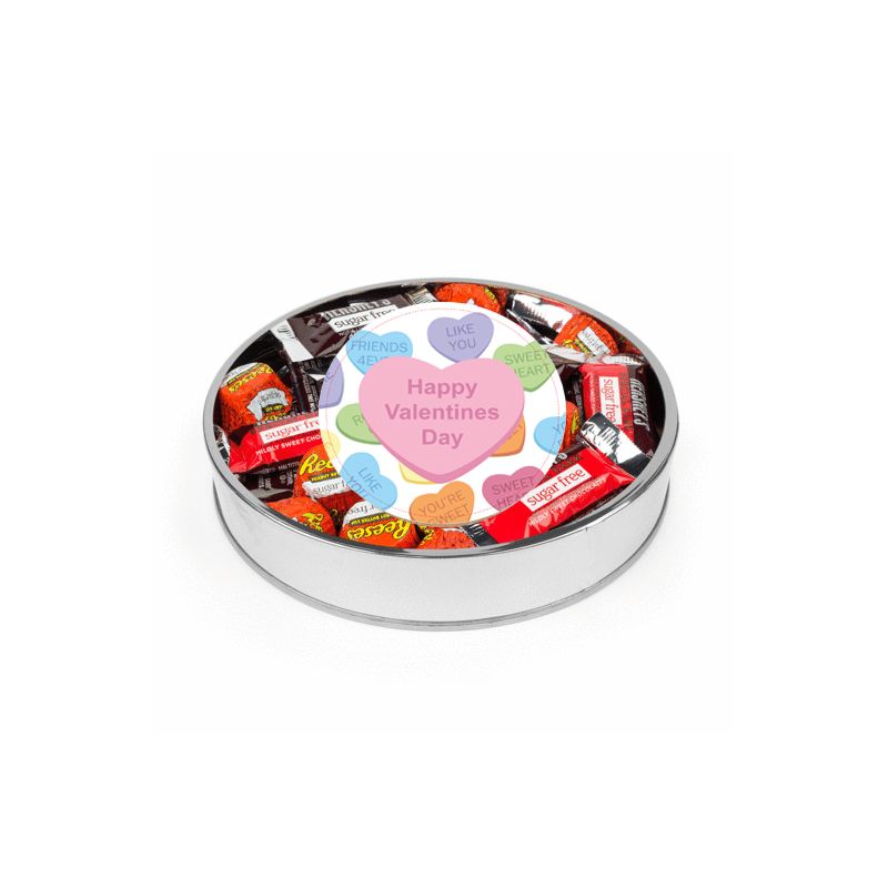 Valentine's Day Sugar Free Candy Gift Tin Large Plastic Tin with Sticker and Hershey's Chocolate & Reese's Mix - Conversation Hearts - By Just Candy, 1 of 2