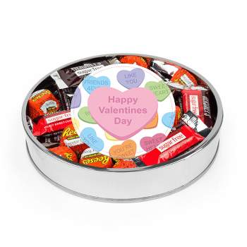 Valentine's Day Sugar Free Candy Gift Tin Large Plastic Tin with Sticker and Hershey's Chocolate & Reese's Mix - Conversation Hearts - By Just Candy