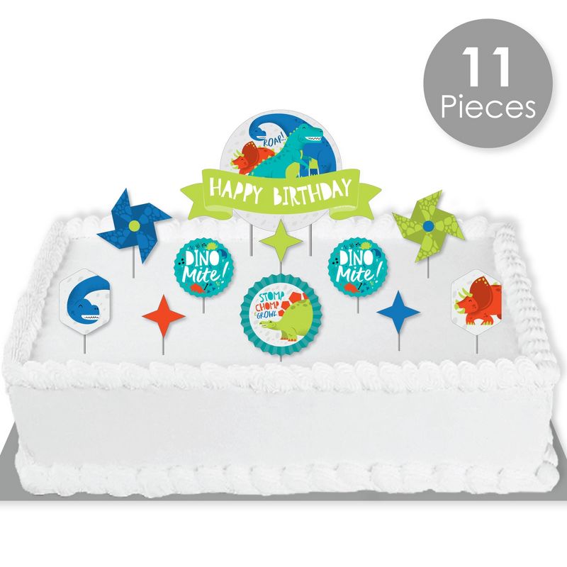 Big Dot of Happiness Roar Dinosaur - Dino Mite Trex Birthday Party Cake Decorating Kit - Happy Birthday Cake Topper Set - 11 Pieces, 2 of 7