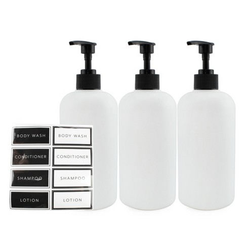 Cornucopia Brands White Shower Pump Bottles, 3pc Set; Plastic Pump Dispensers for Shampoo, Conditioner, and Body Wash - image 1 of 4