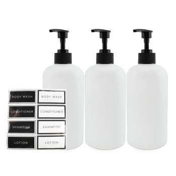Cornucopia Brands White Shower Pump Bottles, 3pc Set; Plastic Pump Dispensers for Shampoo, Conditioner, and Body Wash