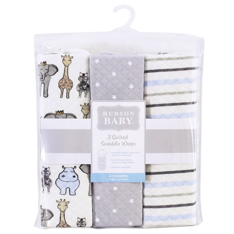 Hudson Baby Infant Boy Quilted Cotton Swaddle Wrap 3pk, Royal Safari, 0-3 Months, 3 of 7