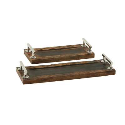 Set of 2 Rustic Mango Wood Trays with Polished Metal Handles Brown - Olivia & May