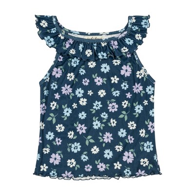 Derek Heart Big Girls Printed Rib Top with Neck Ruffle