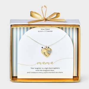 Silver Plated Two Tone Crystal Mama Heart Pendant Necklace - Silver/Gold - 1 of 4