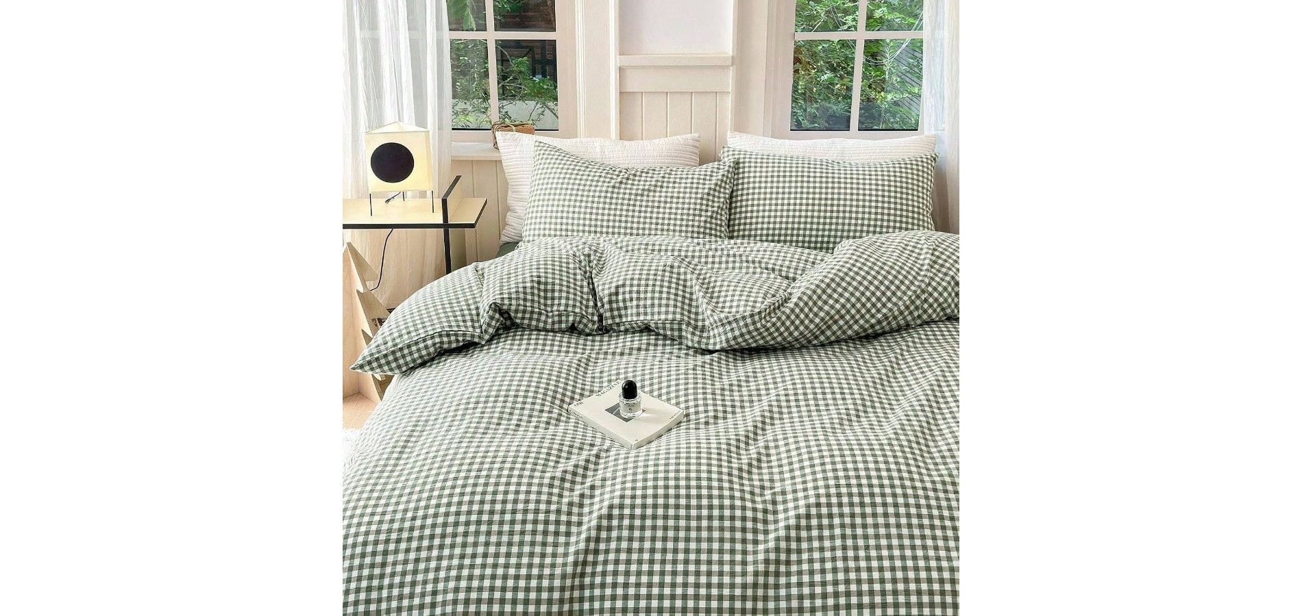Green Grid Duvet Cover Queen 3 - Piece Set with Pillowcases