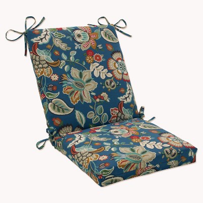 Telfair Outdoor Squared Edge Chair Cushion - Blue - Pillow Perfect: Weather-Resistant with Ties, Floral Pattern