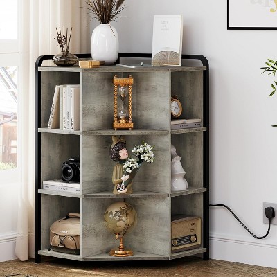 Acekool Corner Cabinet with Charging Station, 3-Tier Cube Storage Organizer with USB Ports & Outlets, 9-Cubby Triangle Bookcase – Grey