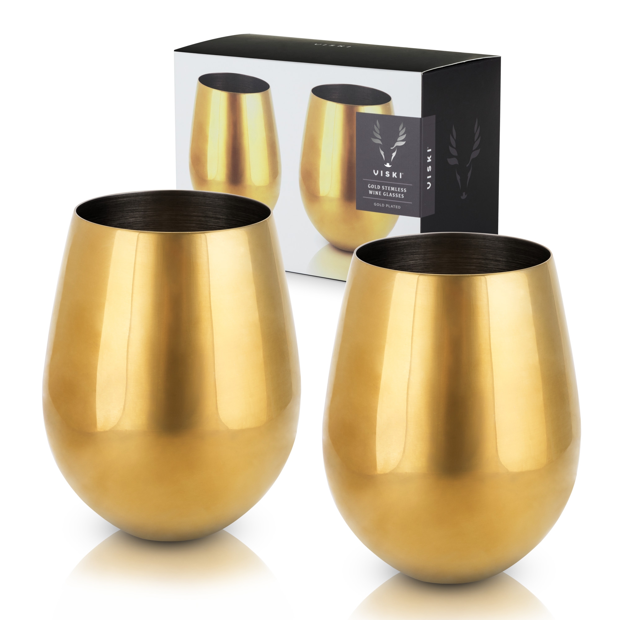 Viski Gold Wine Glasses, Stemless Wine Glass Set, Stainless Steel with Gold Finish, 18 Ounces, Set of 2, Gold, Gold