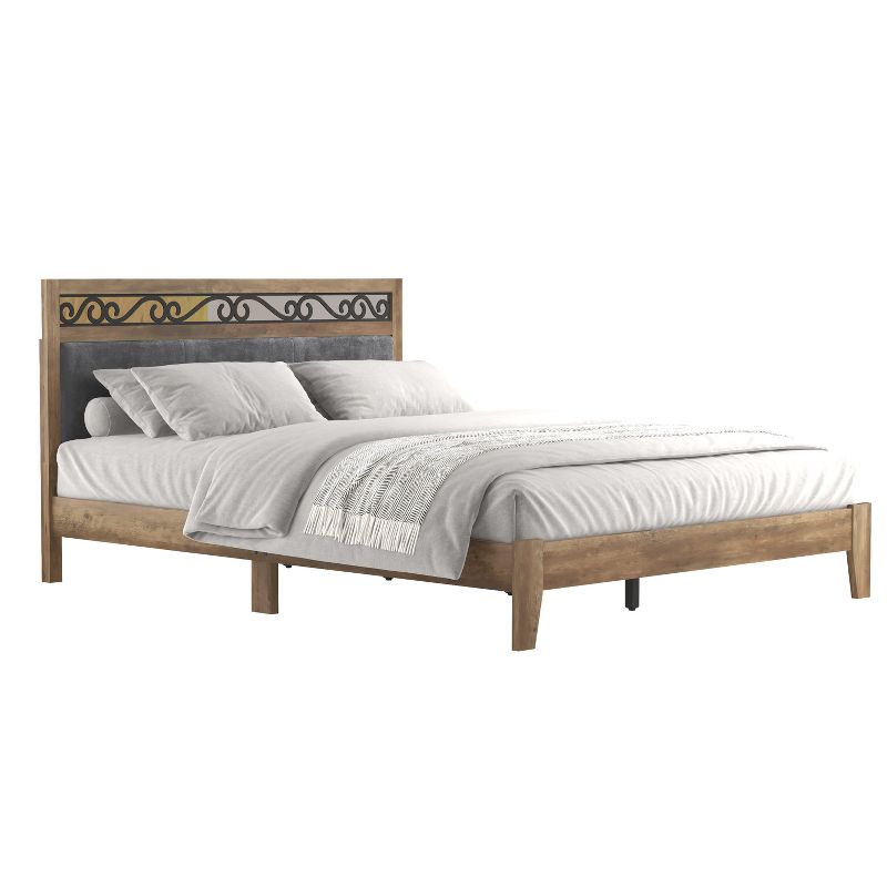 Galano Tammin Knotty Oak Upholstered Queen Platform Bed with Headboard, 3 of 13