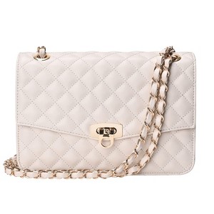 Quilted Shoulder Bag for Women, Medium Flap Crossbody Handbag with Chain Strap, Soft Vegan Leather Clutch Purse (Beige) - 1 of 4