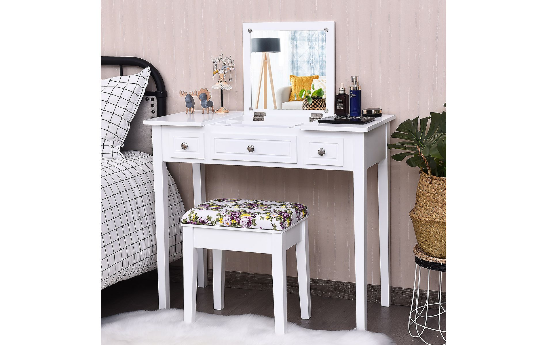 Costway Vanity Dressing Table Flip Top 7 Compartments Makeup Desk
