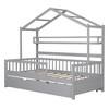 Wooden Platform Bed With Trundle, Playhouse Bed Frame with Roof Design, Storage Shelves, Full Length Safety Guardrail, Bed Frame for Kids Teens - 3 of 4