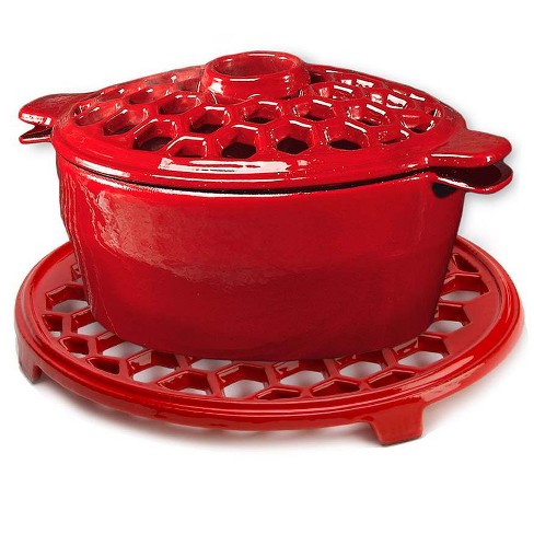 Plow u0026 Hearth - 1.5 Quart Cast Iron Lattice Wood Stove Steamer u0026 Trivet  Set, Red : Target