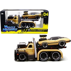 1953 Mack B-61 Flatbed Truck Gold & 1970 Oldsmobile 442 Gold w/ Black Top & Stripes 1/64 Diecast Model Cars by Muscle Machines - 1 of 3