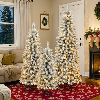 KWPZQEB 3 Pcs Flocked Artificial Christmas Tree Set with LED Lights, Prelit 4ft/5ft/6ft Artificial Xmas Decor, Flocked Christmas Tree for Indoor,White