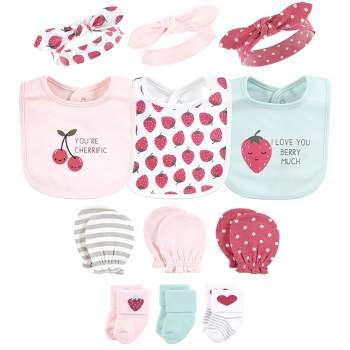 Hudson Baby Infant Girl Caps or Headbands, Bibs, Mittens and Socks 12pc Set, Strawberry, 0-6 Months