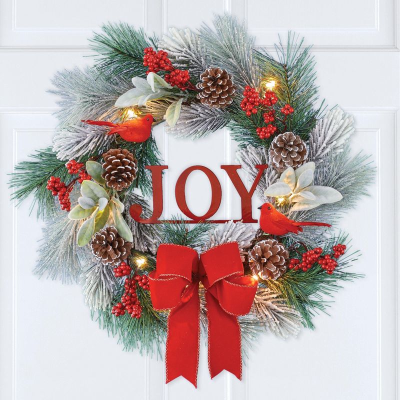 Collections Etc LED Lighted "Joy" Frosted Christmas Front Door Wreath, 2 of 3
