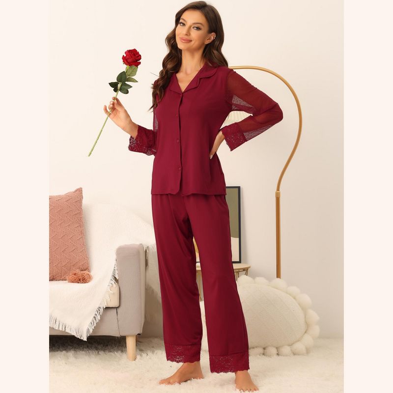 cheibear Women's Button Down Sheer-Mesh-Sleeve Sleepwear Shirt with Long Pants Pajama Set, 2 of 6