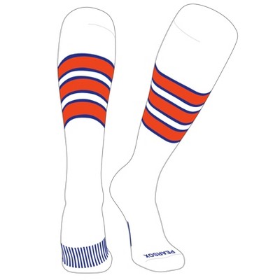 PEAR SOX Striped OTC Baseball, Softball, Football Socks (C) White, Royal Blue, Orange