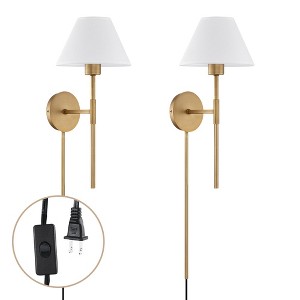 Nathan James (Set of 2) Millie Plugin Wall Sconce Light Fixtures Cotton Shade/Brass - 1 of 4