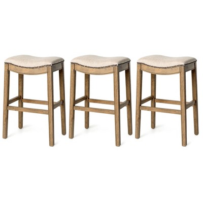 Natural Wirebrush Backless Saddle Wood Bar Stool, 28.93" Height