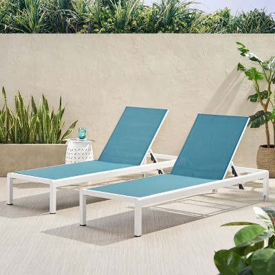 Blue and White Adjustable Aluminum Outdoor Mesh Chaise Lounges, Set of 2