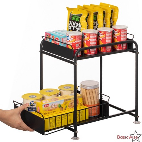 Basicwise Under Sink Organizer Sliding Wire Baskets Adjustable 2-Tier Metal Storage Rack for Bathroom Kitchen