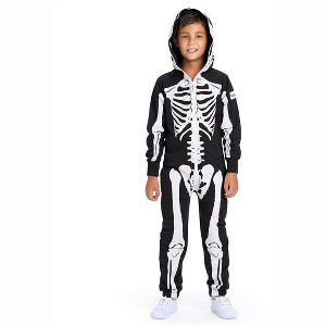 Tipsy Elves Kids Halloween Skeleton Costume - Comfy Easy Youth Jumpsuit - Front and Back Print with Zip Up Mask - 1 of 4