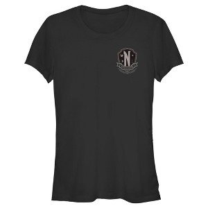 Juniors Womens Wednesday Small Nevermore Crest Black and White T-Shirt - 1 of 4