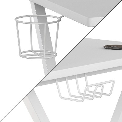 Elevate White Laminate Gaming Desk with Cup Holder & Headset Hook