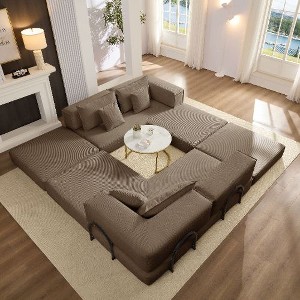 Kumasinova Modern Upholstered Sectional Sofa Couch Set, Oversized Modular Corduroy Sofa with 6 Pillows, DIY Configurable, Non-Slip Design - 1 of 4