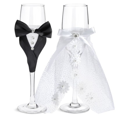 Sparkle and Bash Set of 2 Mr. & Mrs. Wedding Toasting Glasses, Bride and Groom Champagne Flutes in Lace Dress Tuxedo