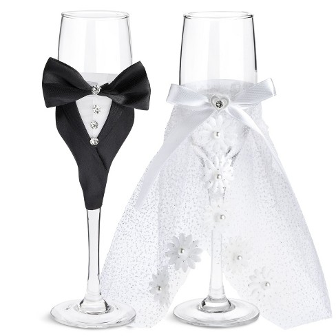 Fancy Script Bride & Groom Champagne Flutes