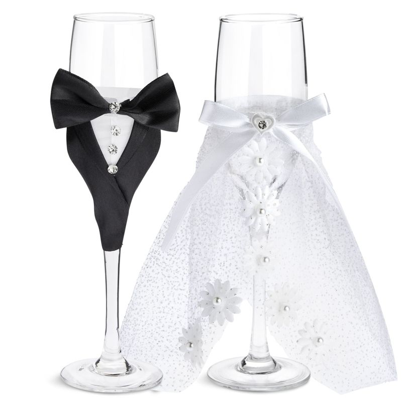 Sparkle and Bash Set of 2 Mr. & Mrs. Wedding Toasting Glasses, Bride and Groom Champagne Flutes in Lace Dress Tuxedo, 1 of 9