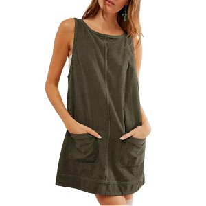 Coolmee Women Summer Mini Dress Corduroy Overall Dress Round Neck A Line Skirtall Jumper Mini Dress Pinafore with Pockets - 1 of 4