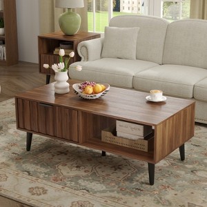 Bekrvio 47.2-Inch Mid Century Modern Coffee Table with Solid Wood Legs, Wood Retro Coffee Table with 2 Drawers Storage, Walnut - 1 of 4