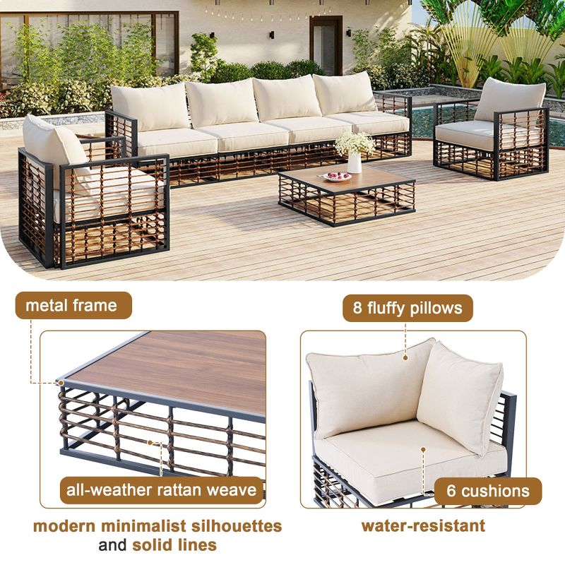 7pc Metal Patio Sectional Sofa Set, Outdoor Rattan Conversational Furniture Set with Cushions and Coffee Table 4A -ModernLuxe, 5 of 16