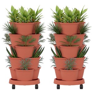 VECELO 5-Tier Vertical Garden Planter, Self Watering Stackable Planter with Wheels for Strawberries, Flowers, Vegetables, Set of 1/2 - 1 of 4