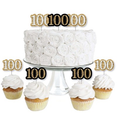 Big Dot of Happiness Adult 100th Birthday - Gold - Dessert Cupcake Toppers - Birthday Party Clear Treat Picks - Set of 24