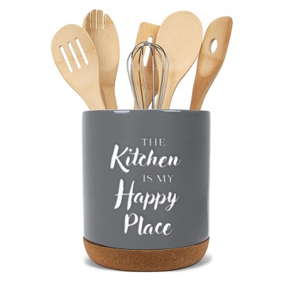 Elanze Designs Happy Place Grey X-Large Cork Bottom Kitchen Utensil Holder