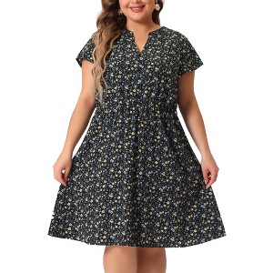 Agnes Orinda Women's Plus Size Casual Floral Tie Waist Short Sleeve Knee Length A Line Dresses - 1 of 4
