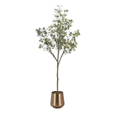 Kate and Laurel Eudora Faux Eucalyptus Tree with Portell Metal Planter Pot, 6 FT, Antique Brass