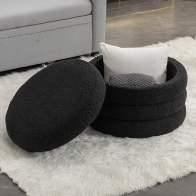 VisioGear Round Storage Ottoman, Velvet Fabric Storage Round Ottoman Footstool with Wooden Shelving, Black, 22.44"*22.44"*16.14"