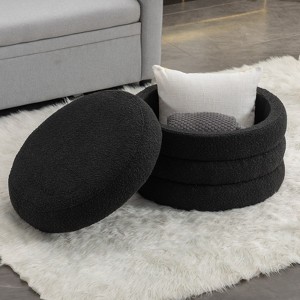 VisioGear Round Storage Ottoman, Velvet Fabric Storage Round Ottoman Footstool with Wooden Shelving, Black, 22.44"*22.44"*16.14" - 1 of 4