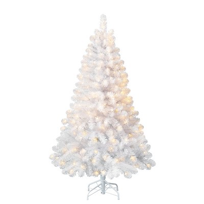 Evergreen Classics 5 Foot Pre Lit White Oxford Pine Artificial Holiday Christmas Tree with 200 Micro Dot Warm White LED Lights and Metal Stand