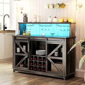 HOMCOM Farmhouse Coffee Bar Cabinet with LED Lights and Sliding Barn Doors, 55" Wine Bar Cabinet with Wine Racks and Glass Holder - 1 of 4